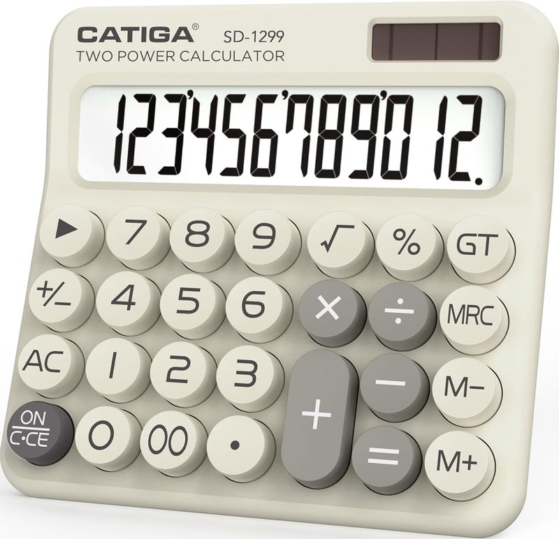 CATIGA Mechanical Switch Calculator with Solar and Battery Dual Power, 12-Digit Large LCD Display, Aesthetic and Cute Desktop Calculator with Big Button, for Home, School and Office Use, SD-1299 - Image 1
